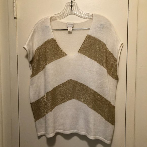 Chico's Women's Size 1 M/8 Cream/Gold Striped V- Neck Dolman Sleeve Muscle Tee - Picture 9 of 11